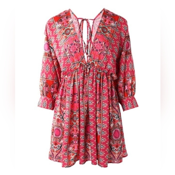 💐NEW!  V-Neck Tribal Print Ruched Swing Dress - Picture 4 of 12